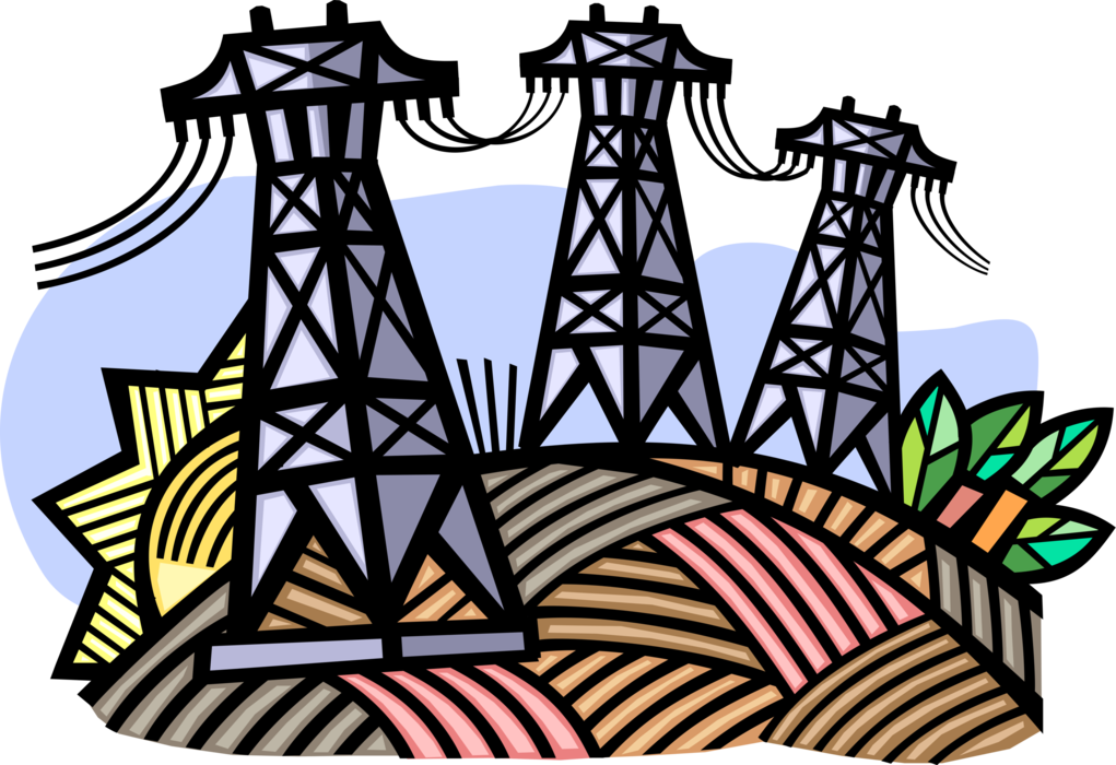 Vector Illustration of Electrical Energy Transmission Towers in Natural Environment