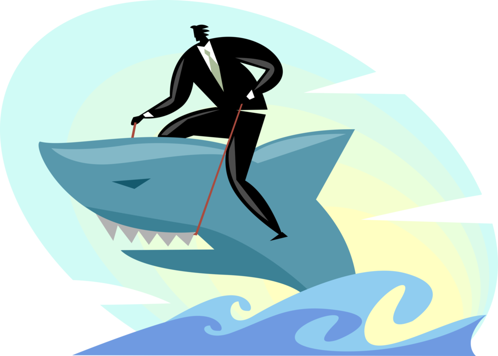 Vector Illustration of Businessman Rides Great White Marine Predator Shark in Ocean
