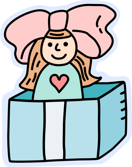 Vector Illustration of Gift Box with Child's Toy Doll