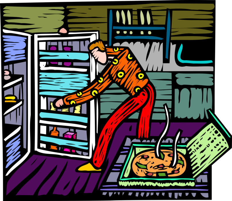 Vector Illustration of Teenager Grabs Drink from the Fridge with Hot Pizza Pie