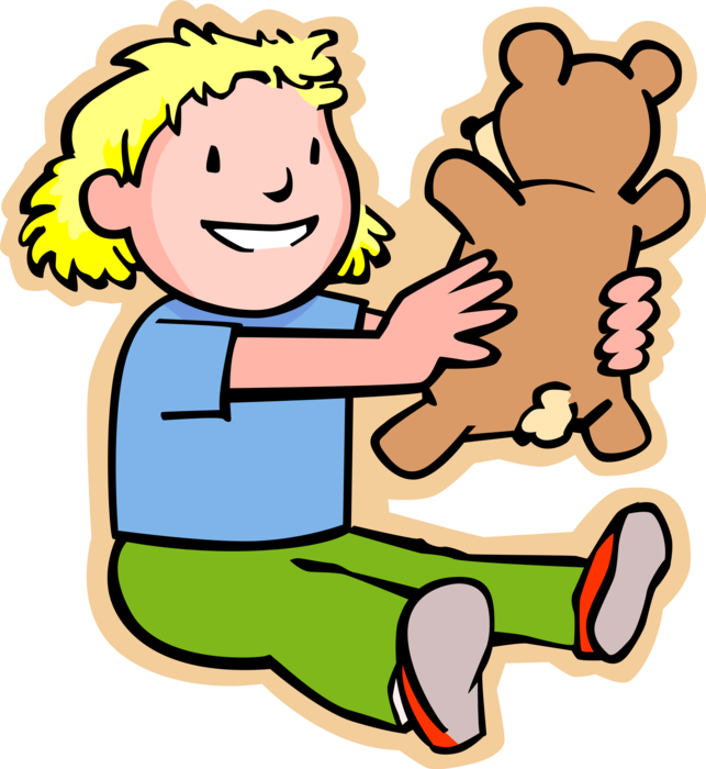 Vector Illustration of Primary or Elementary School Student Girl Plays with Teddy Bear Stuffed Animal Toy