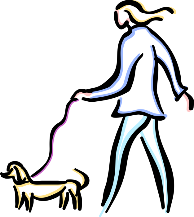 Vector Illustration of Dog Owner Walks Family Pet Dog Outdoors