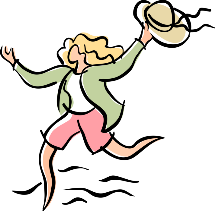Vector Illustration of Holiday Vacationer Runs with Hat on Beach