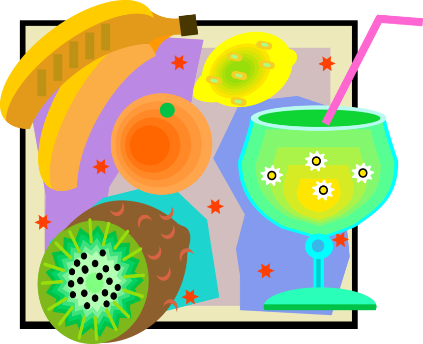 Vector Illustration of Refreshing Fruit Smoothie Beverage with Kiwi, Bananas, Orange and Lemon Fruits