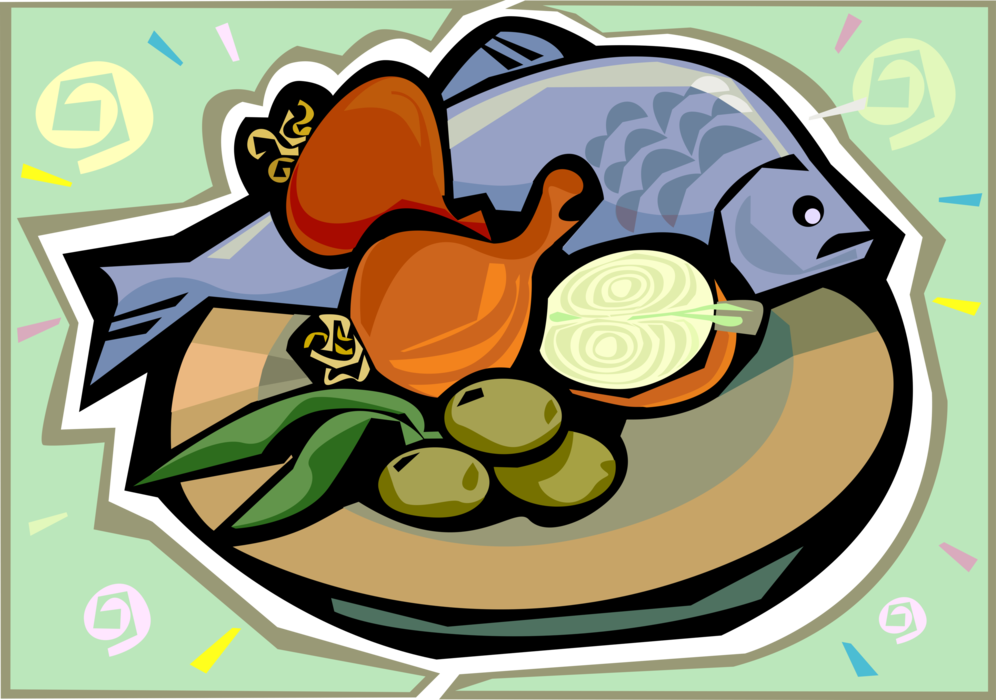 Vector Illustration of Fresh Fish Dinner with Onions, Olives and Green Beans