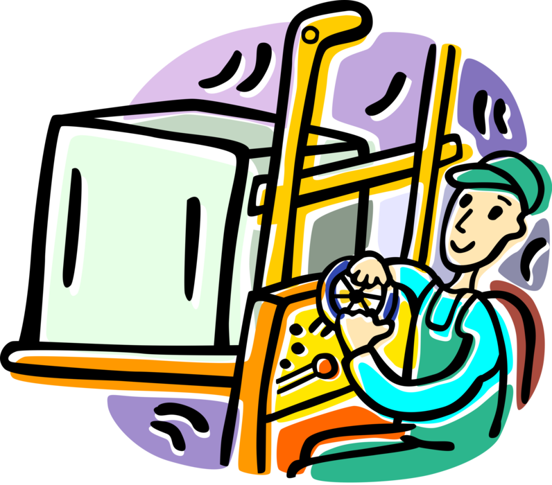 Vector Illustration of Industrial Factory Warehouse Forklift Operator Lifting Heavy Piece of Equipment