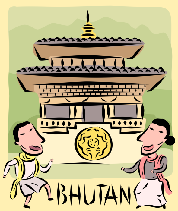 Vector Illustration of Buddhist Kingdom of Bhutan with Temple and Monk