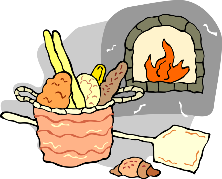 Vector Illustration of Baking Fresh Bread in Bakery Wood Fire Oven
