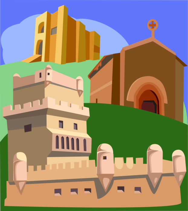 Vector Illustration of European Castle Fortification with Churches