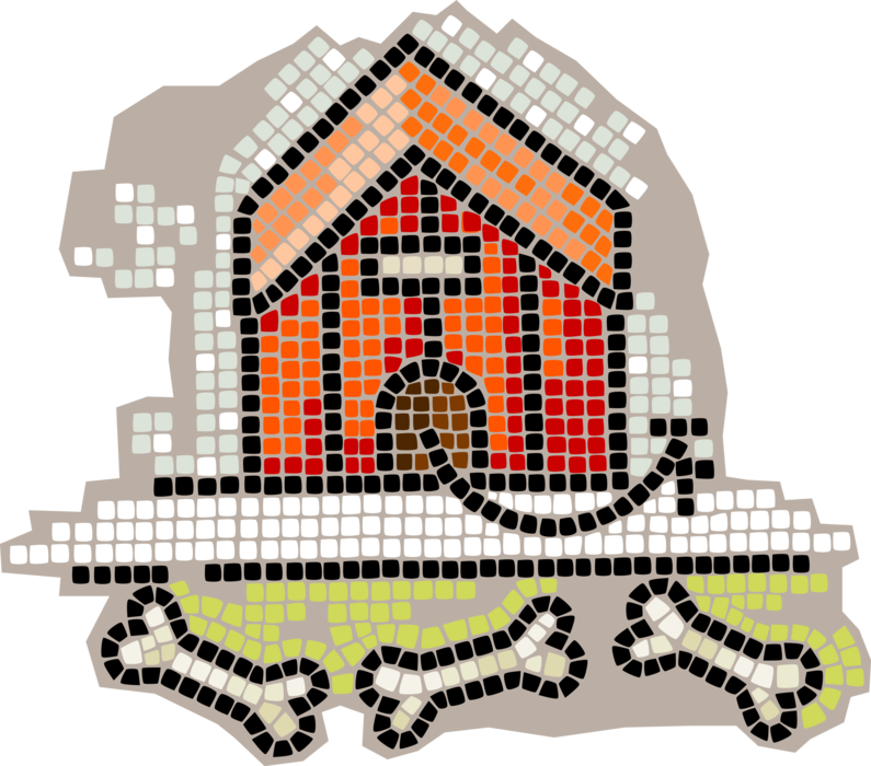 Vector Illustration of Decorative Mosaic Family Pet Dog Doghouse with Bones