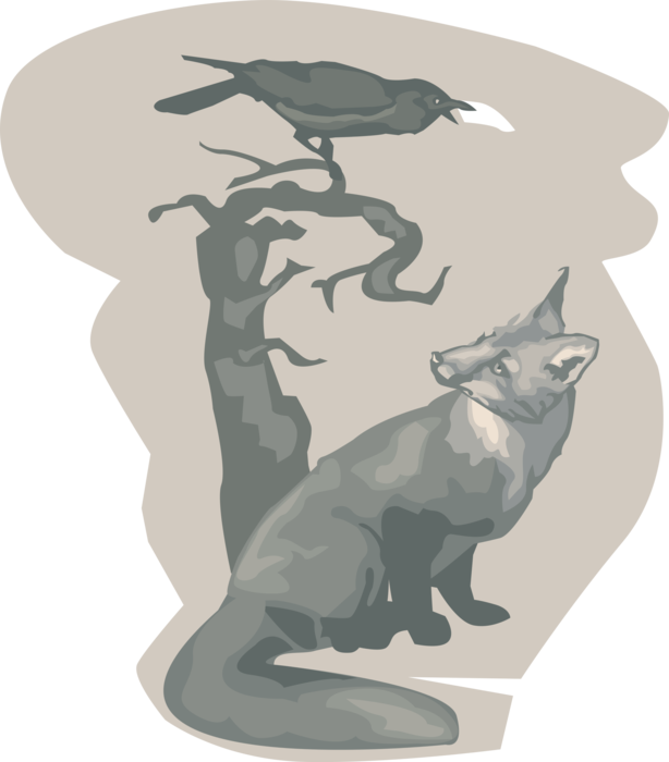 Vector Illustration of Omnivorous Mammal Fox and Raven