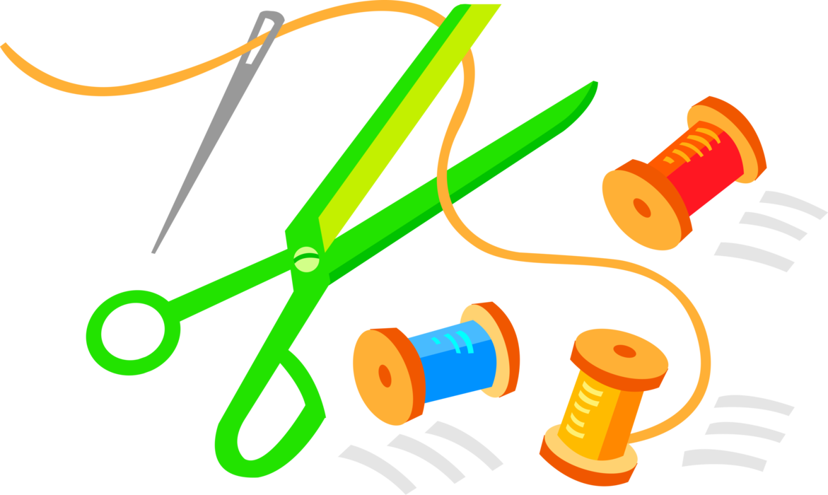 Vector Illustration of Scissors with Sewing Needle and Spools of Thread