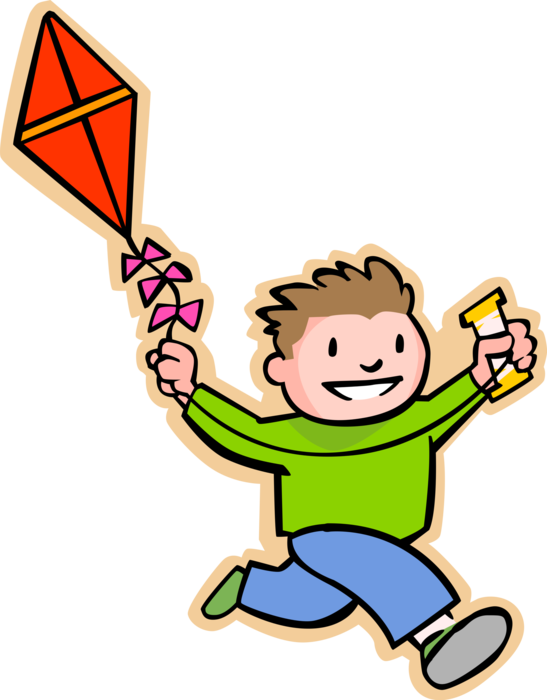 Vector Illustration of Primary or Elementary School Student Boy Flying Kite Outdoors