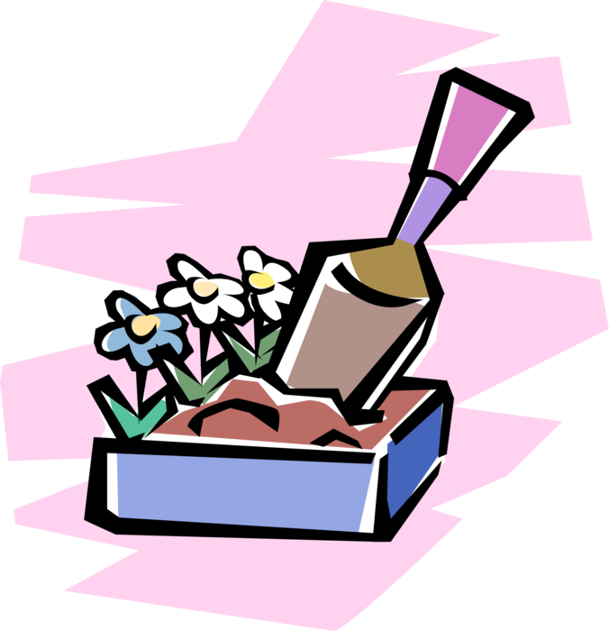 Vector Illustration of Box of Flowers and Gardening Trowel Digging Tool