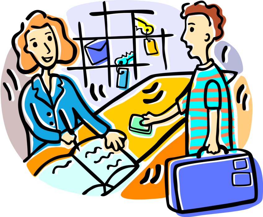 Vector Illustration of Vacation Traveler Checks Into Hotel at Reception Desk and Signs Guest Book