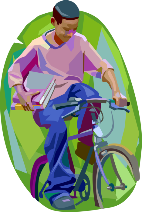 Vector Illustration of Student Rides Bicycle to School with Textbook Schoolbooks