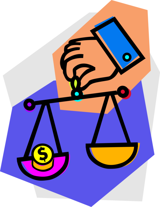 Vector Illustration of Hand and Balance Scale with Financial Currency Coin Money