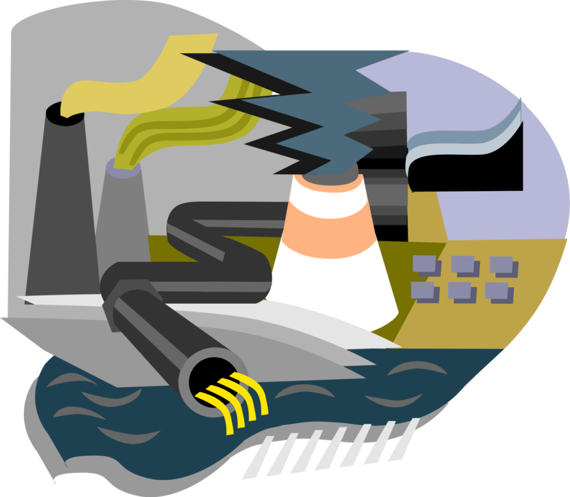 Vector Illustration of Industrial Pollution from Smokestacks and Toxic Industrial Waste