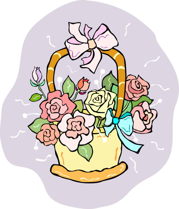 Vector Illustration of Bouquet of Rose Flowers in Basket with Ribbon