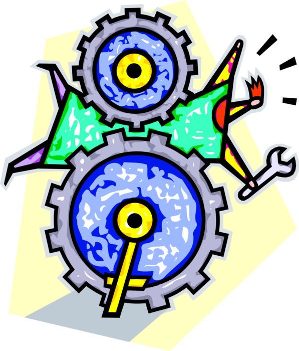 Vector Illustration of Getting Stuck in Cogwheel Gear Mechanism of Industrial Progress