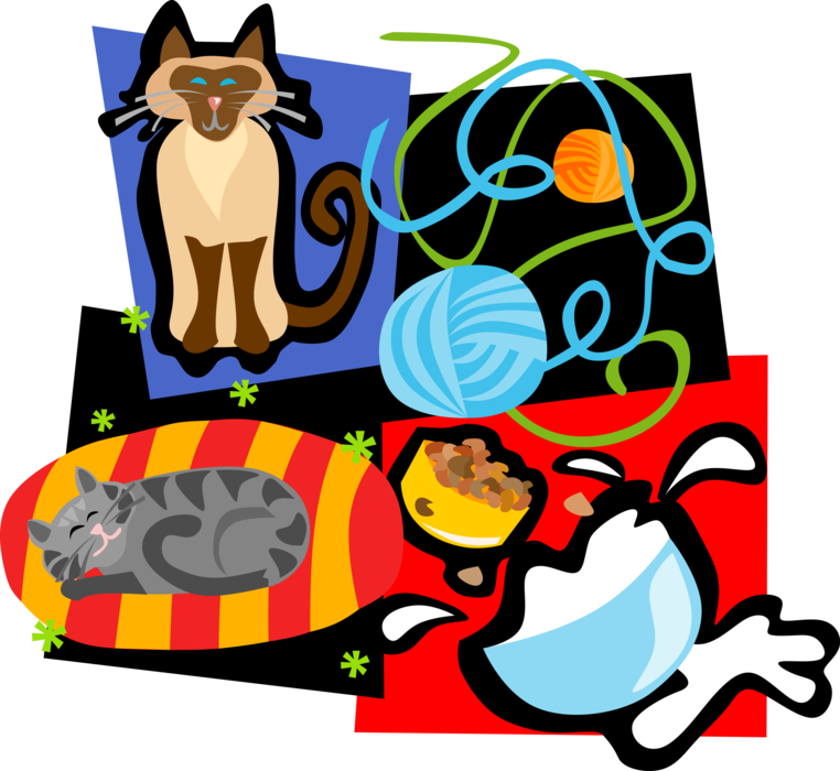 Vector Illustration of Pet Kitten Cats, Yarn and Milk