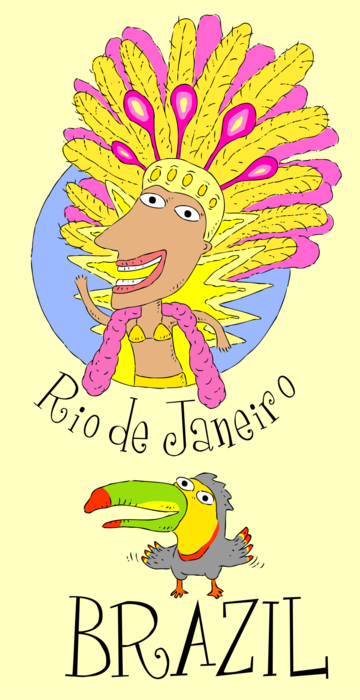 Vector Illustration of Brazil Postcard with Rio De Janeiro Carnival Dancer and Toucan Bird