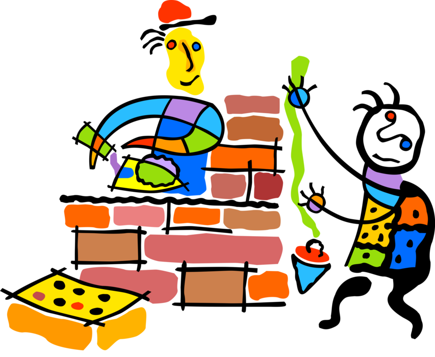 Vector Illustration of Masonry Bricklayer Masons Construct Brick Wall with Trowel, Cement, and Plumb Bob