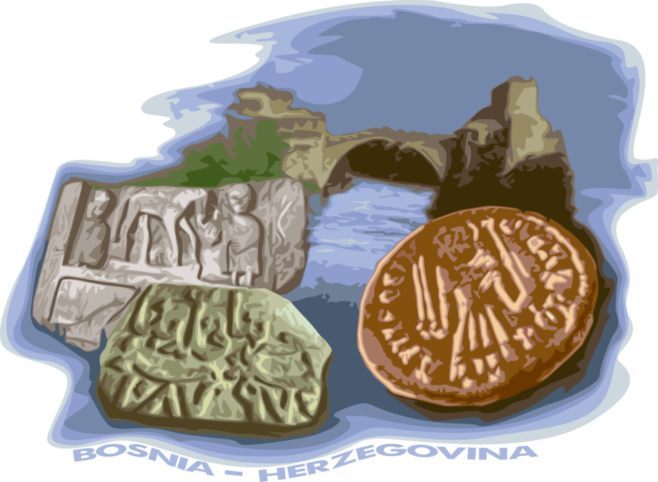 Vector Illustration of Bosnia-Herzegovina Mostar Bridge with Ancient Engravings and Roman Coin