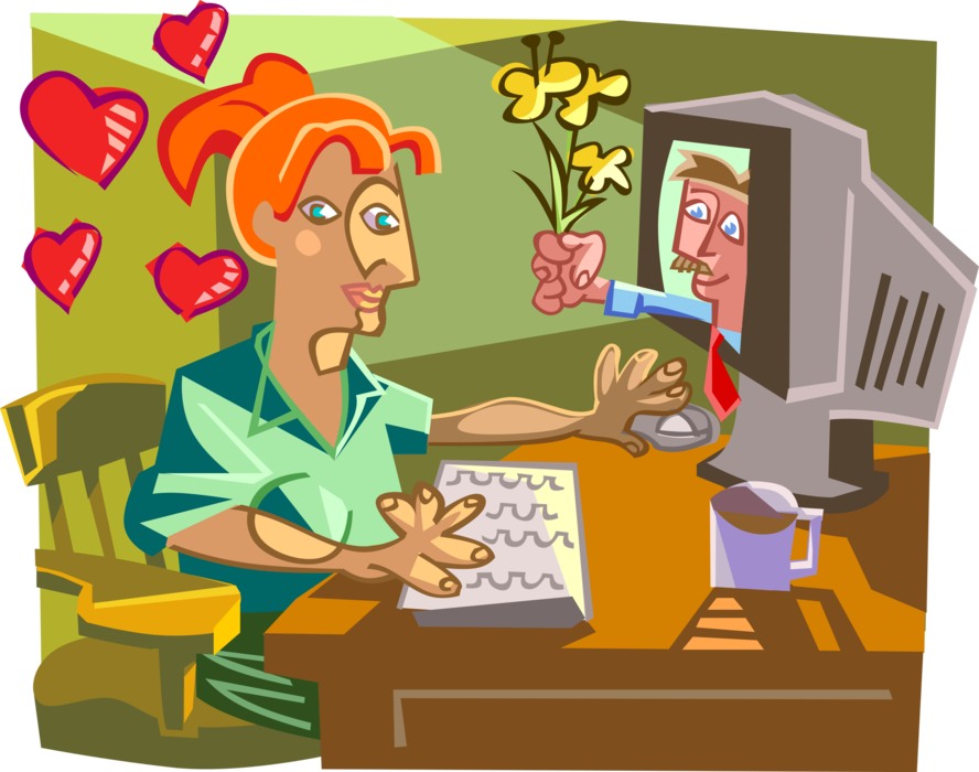 Vector Illustration of Online Dating and Matchmaking Receiving Flowers from Boyfriend on Internet