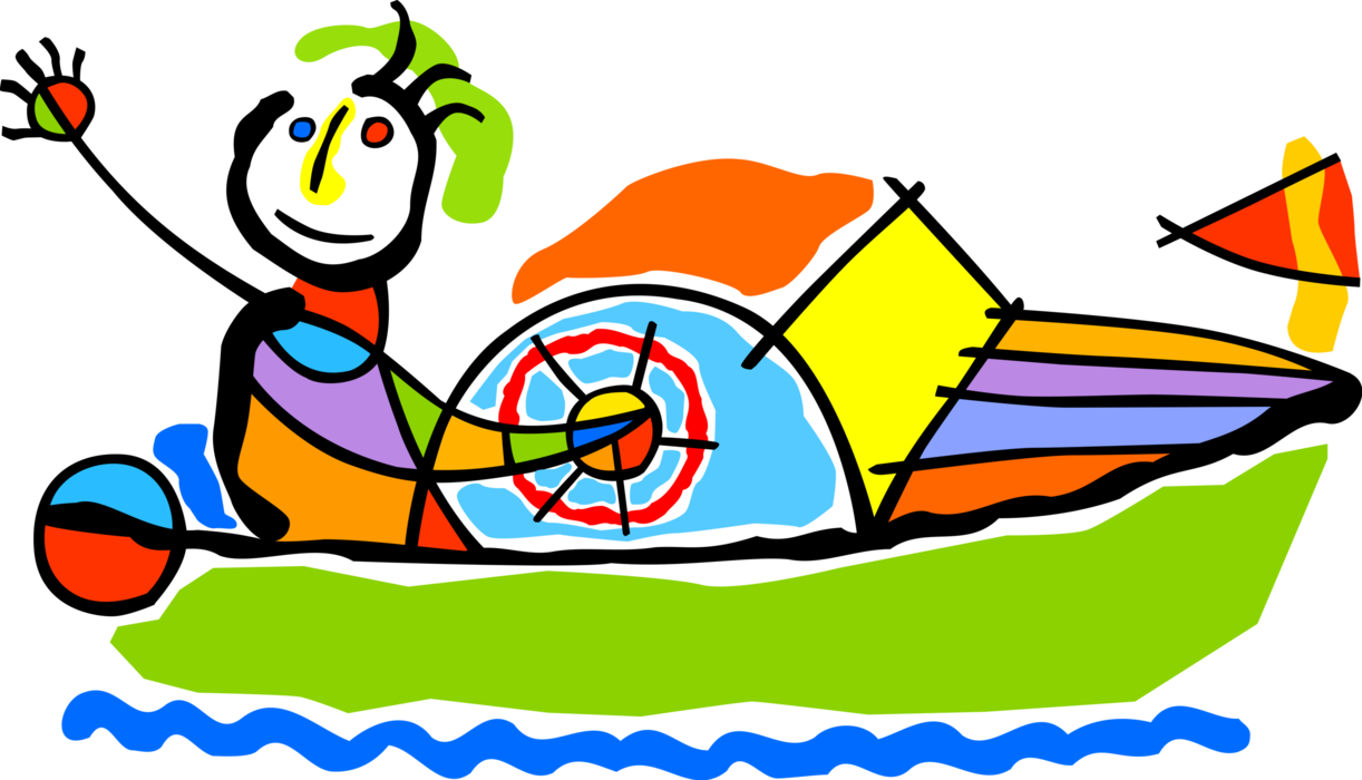 Vector Illustration of Mariner Captain Drives Pleasure Boat Watercraft Water-Borne Vehicle Speedboat