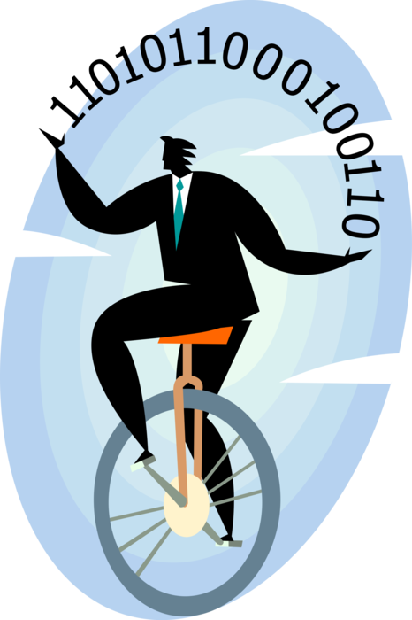 Vector Illustration of Businessman on Unicycle Juggling Binary Code Digit Computer Processor Instructions 
