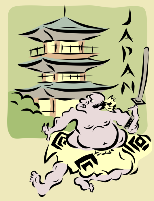 Vector Illustration of Japanese Pagoda Temple and Samurai or Bushi Warrior of Premodern Japan