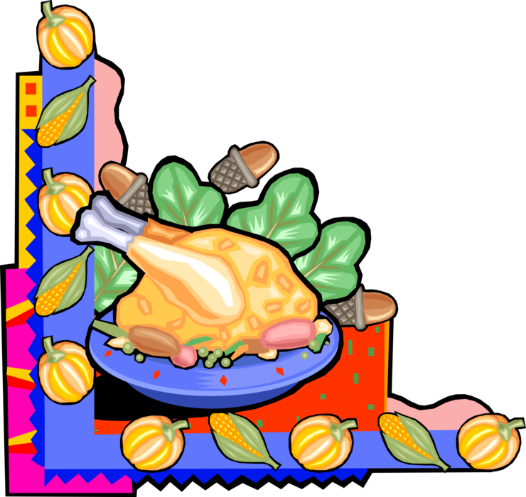 Vector Illustration of Thanksgiving Dinner Roast Poultry Turkey with Corn and Pumpkins