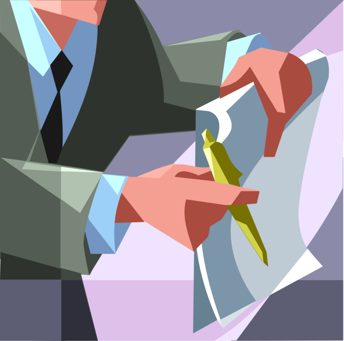 Vector Illustration of Businessman with Pen and Legal Contract for Signature