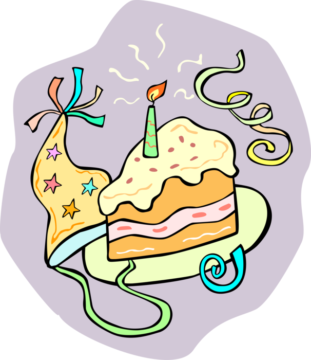 Vector Illustration of Dessert Pastry Birthday Cake with Candle and Party Hat