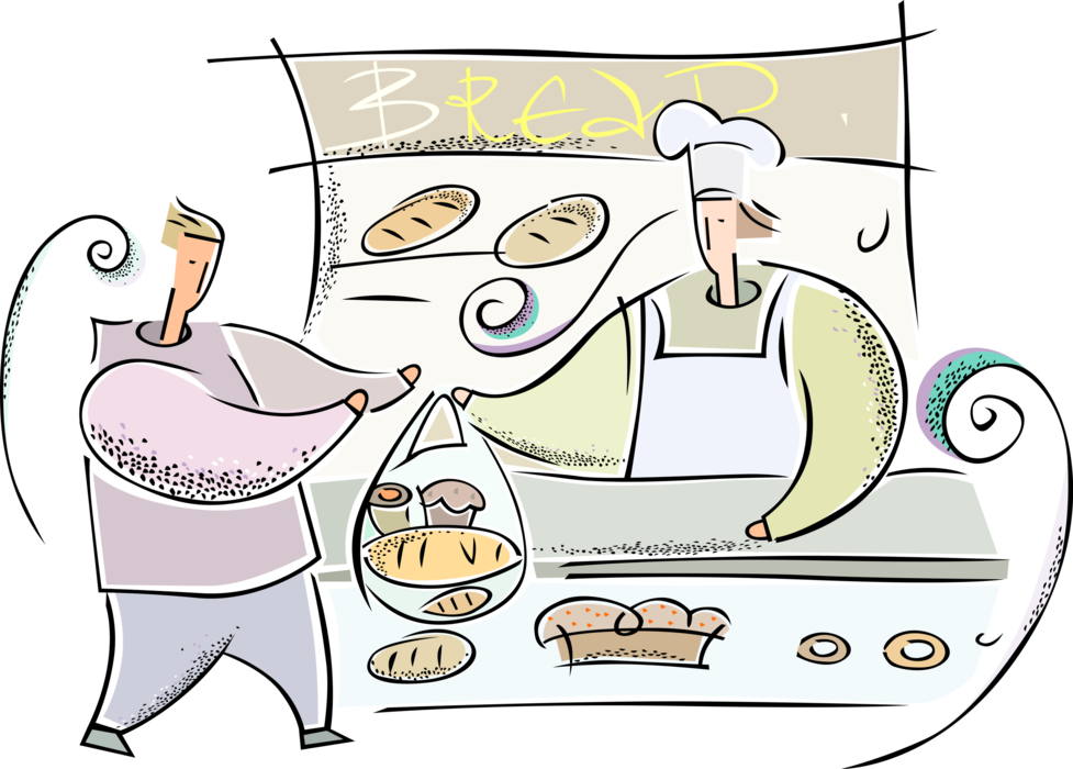 Vector Illustration of Customer Buys Bread and Baked Pastry Goods from Retail Bakery Store Baker