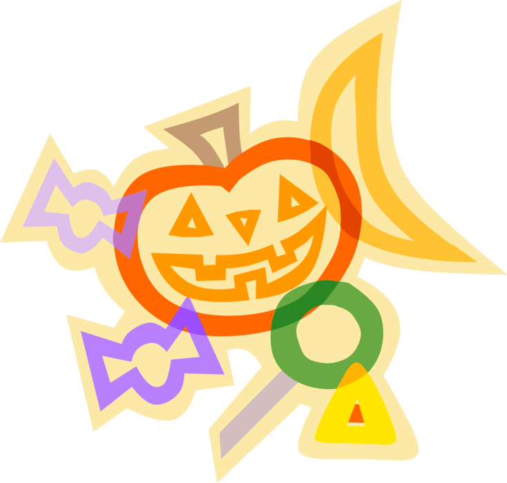 Vector Illustration of Halloween Carved Pumpkin with Candies and Treats