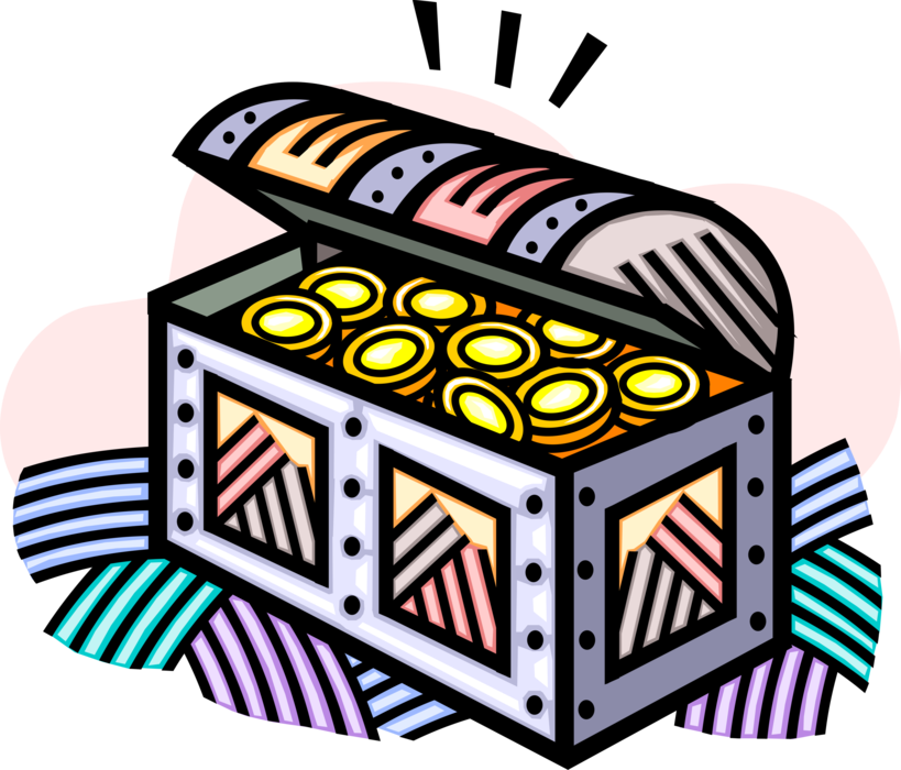 Vector Illustration of Buccaneer Pirate's Treasure Chest Holds Wealth and Great Riches Gold Money Coins
