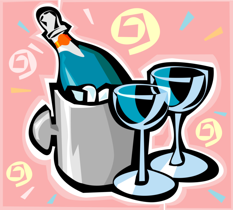 Vector Illustration of Champagne Carbonated Sparkling Wine Chilling in Ice Bucket with Glasses