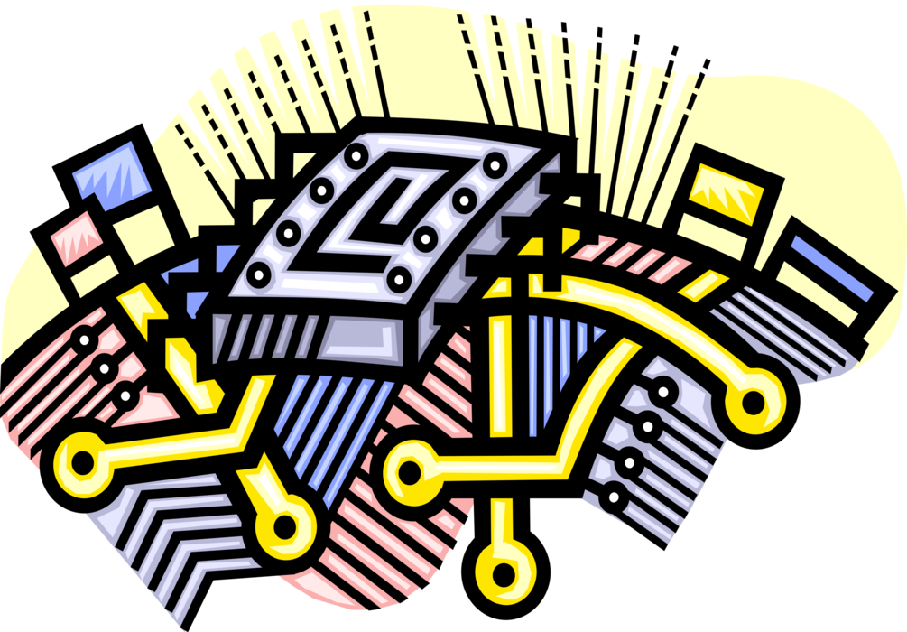 Vector Illustration of Computer Integrated Circuit Microchip in Wired World