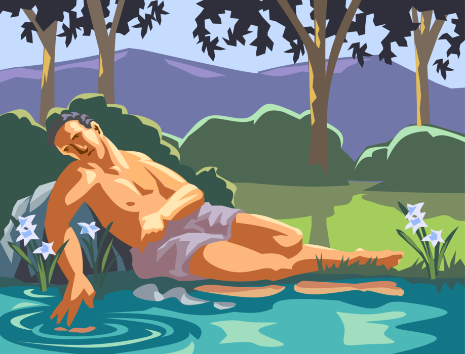 Vector Illustration of Greek Mythology Narcissus Falls in Love with Own Reflection