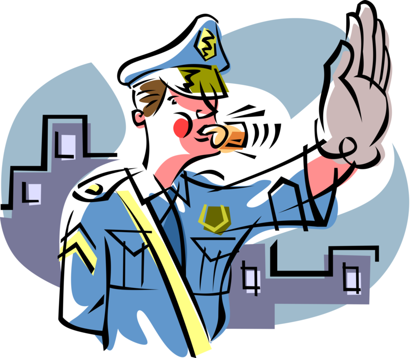 Vector Illustration of Traffic Cop Policeman Blows Whistle and Raises Hand to Stop and Control Cars