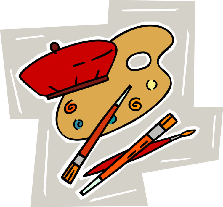 Vector Illustration of Visual Fine Arts Artist's Palette with Classic French Beret Hat and Paintbrushes