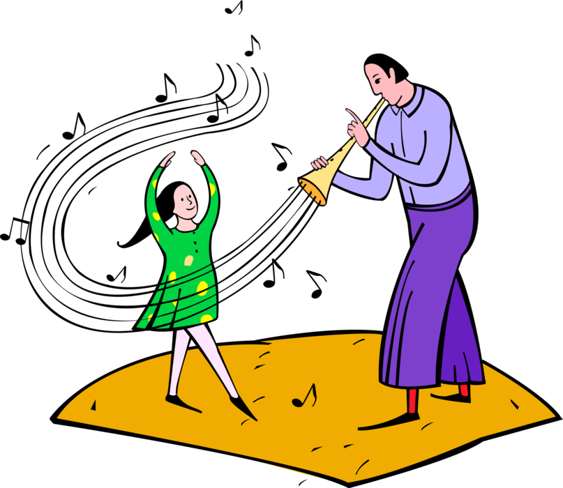 Vector Illustration of Musician Playing Music Horn with Girl Dancer Dancing