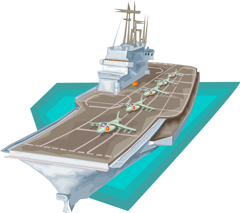 Vector Illustration of Aircraft Carrier Warship Airbase Naval Vessel with Jet Aircraft