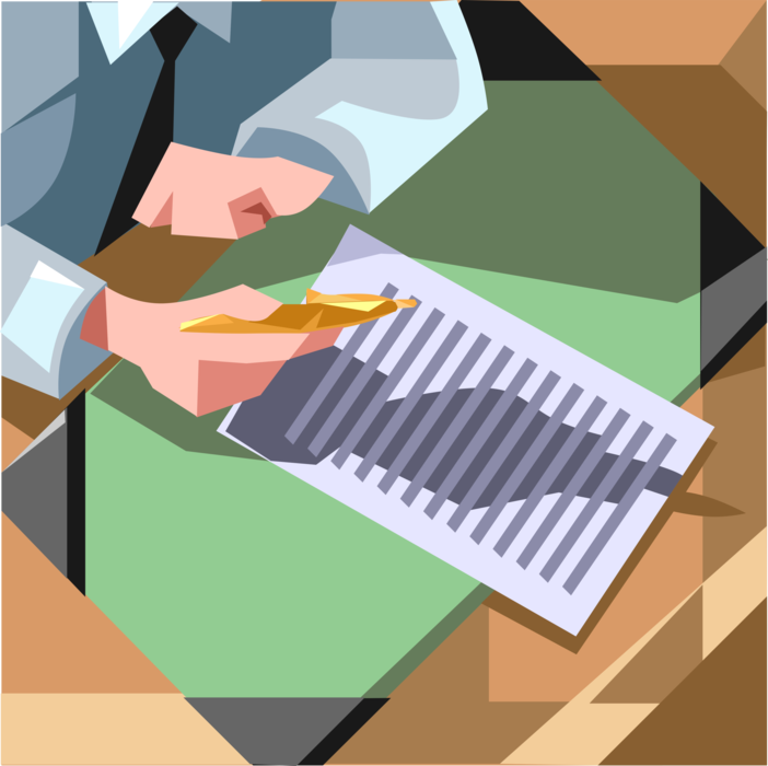 Vector Illustration of Reviewing Document List at Office Desk with Pen Writing Instrument