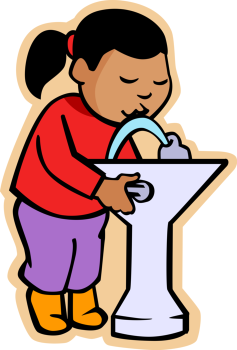 Vector Illustration of Primary or Elementary School Student Girl Drinks Water at Drinking Fountain