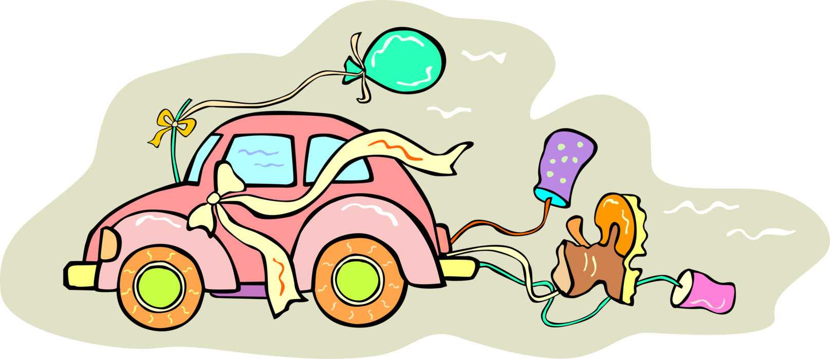 Vector Illustration of Just Married Newlywed Couple on Honeymoon in Automobile Car Motor Vehicle