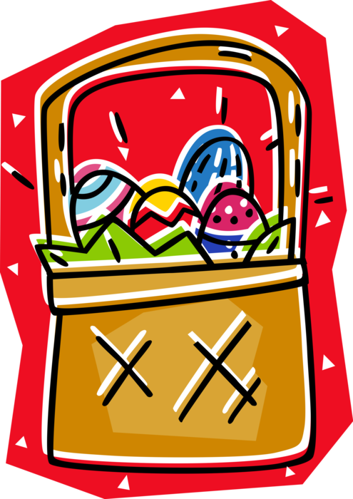 Vector Illustration of Wicker Basket of Colored Easter Eggs