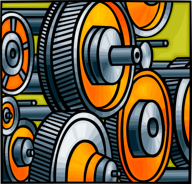 Vector Illustration of Cogwheel Gear Mechanism in Manufacturing Factory